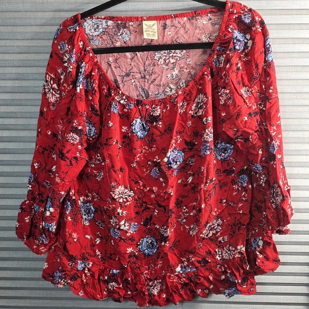 Faded Glory Floral Peasant Top Plus Size XXL 2X XX 20 Red Ruffle Hem Bell Sleeve